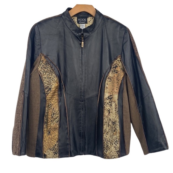 Koos Of Course Leather Jacket Womens Size 1X Plus Brown Tan Full Zip‎ Patchwork - Picture 1 of 10
